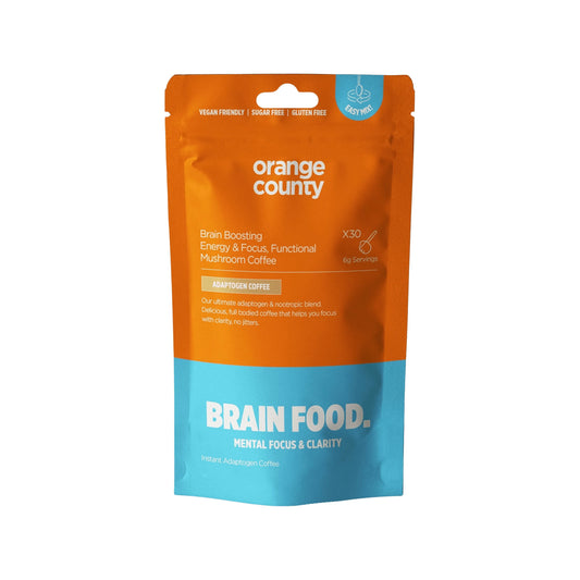 Orange County BRAIN FOOD Focus Coffee 200g pouch with functional mushrooms and ashwagandha for enhanced cognitive function