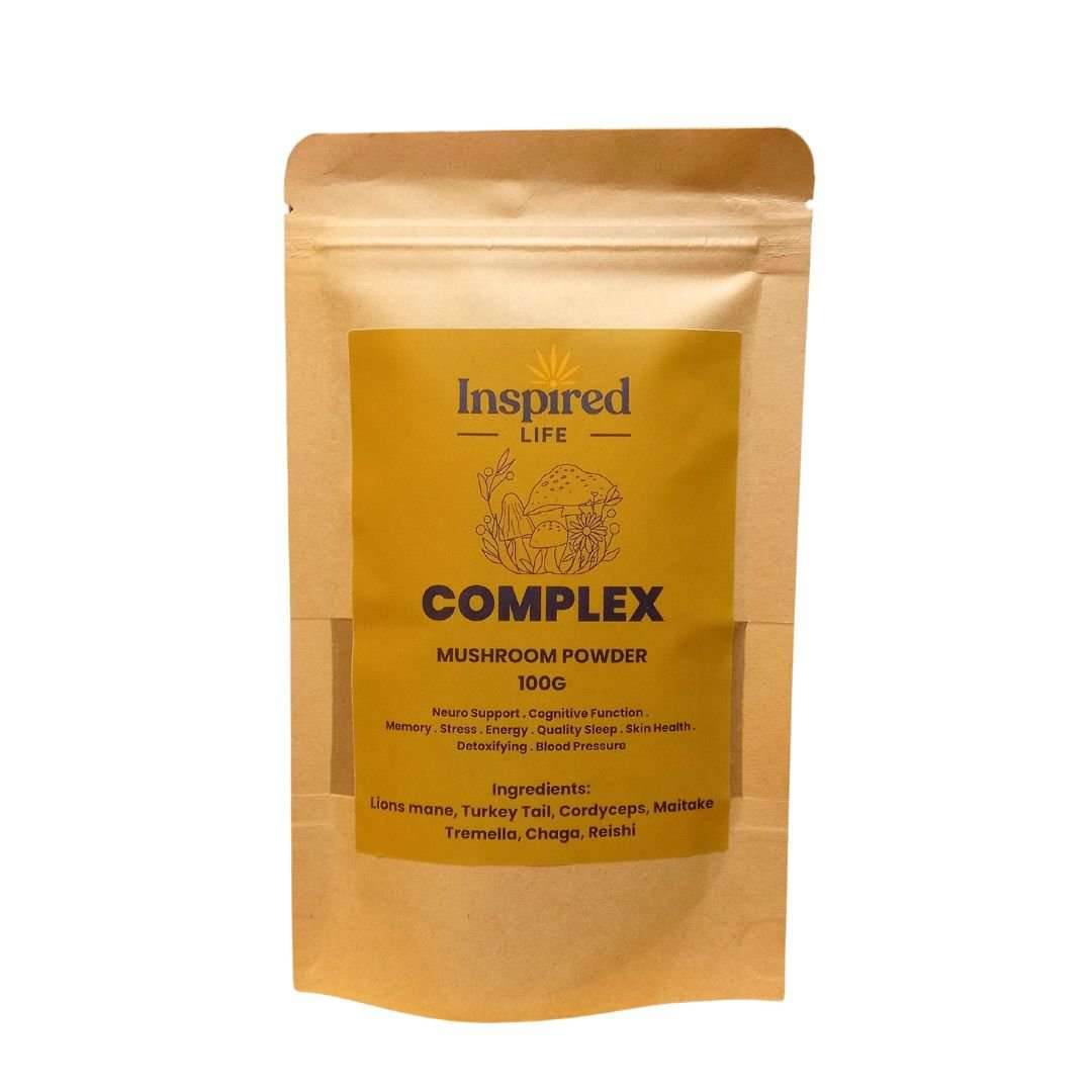 Complex Mushroom Powder jar - 7 premium functional mushrooms blend including Lion's Mane, Reishi, Chaga for cognitive and immune support