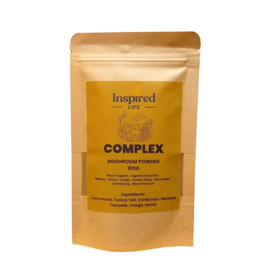 Complex Mushroom Powder jar - 7 premium functional mushrooms blend including Lion's Mane, Reishi, Chaga for cognitive and immune support